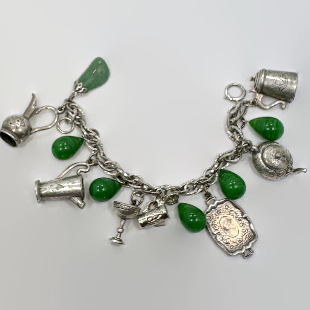 Charm Bracelet, Goblet, Stein, Pitcher, Drinking Theme, Silver Tone, Unique, 50s